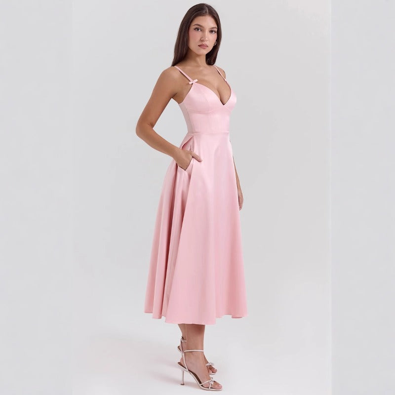 Women's dress - amazon v-neck sexy design long dress - court style dopamine dress - camisole dress for women