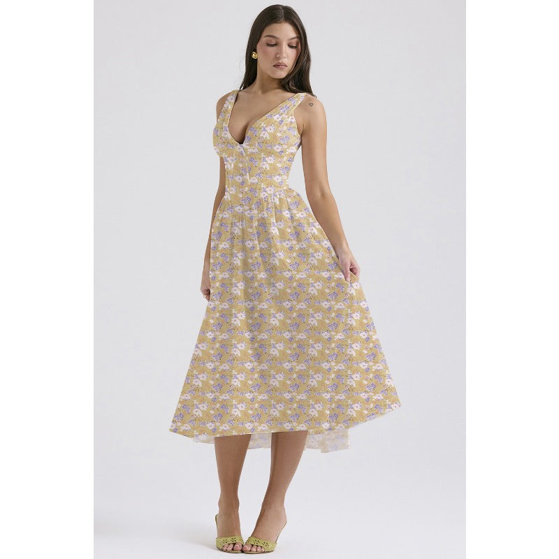 Women's dress - standalone store summer slim-fit camisole maxi dress - european & american style fashion print v-neck elegant dress