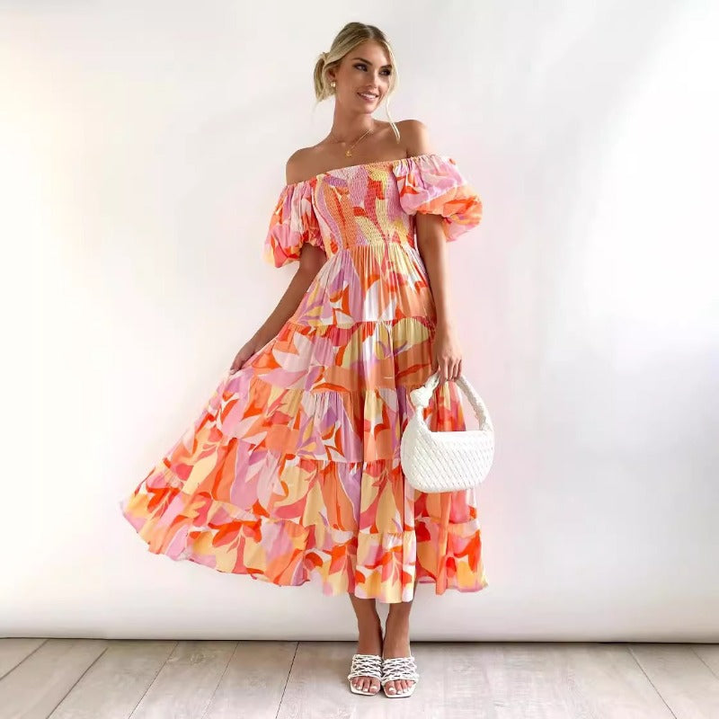 Women's summer dress: european and american style, puff sleeve, slimming maxi dress, hot girl high-waisted off-the-shoulder printed dress
