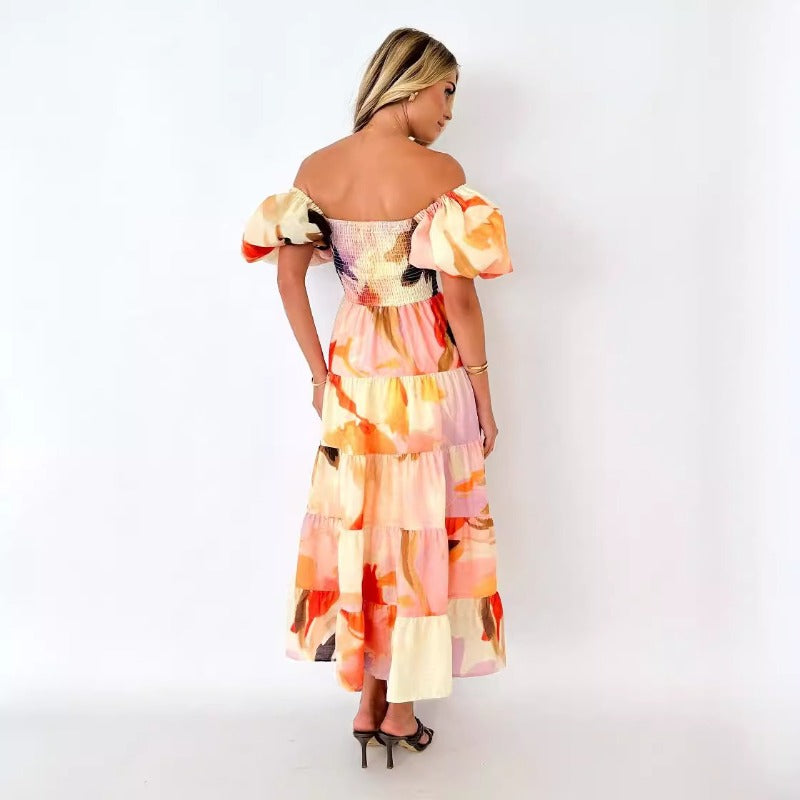 Women's dress - cross-border fashion: elegant summer print one-shoulder vacation dress - sexy, loose fit