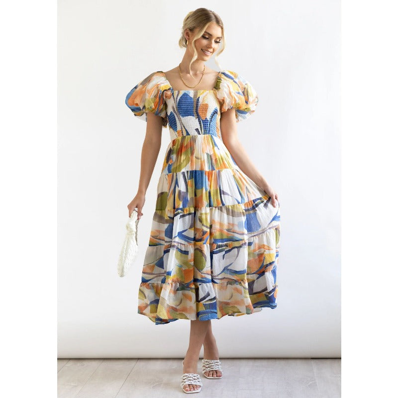 Women's summer dress: european and american style, puff sleeve, slimming maxi dress, hot girl high-waisted off-the-shoulder printed dress