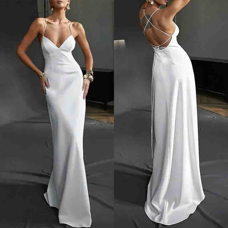 Women's dress: european and american summer style, elegant and fashionable solid color shoulder strap long criss-cross tie-up dress