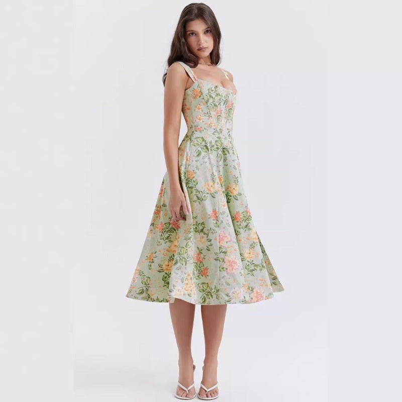 Women's dress - cross-border e-commerce, independent website, foreign trade, spring/summer, european and american style, slimming, spaghetti strap, sexy slit, floral print dress