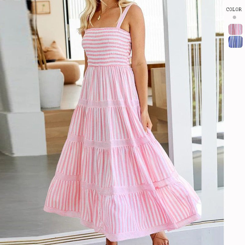 Women's dress - cross-border amazon summer european and american sexy striped print cami dress - slim fit vacation dress for women
