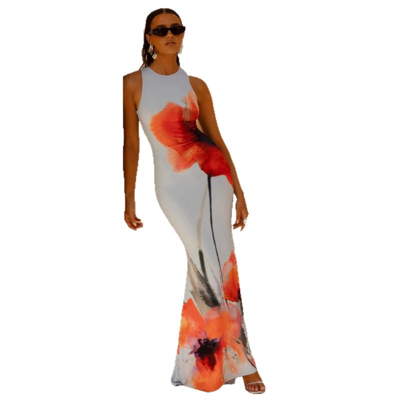 Women's dress - european & american style, high-end elegant floral print, round neck, sleeveless, slim fit, mermaid tail maxi dress