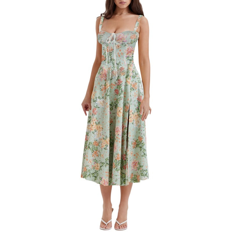 Women's dress: european and american style, high-end sensibility, spaghetti strap, sexy backless, summer floral print, french style dress for women