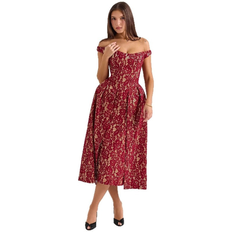 Women's dress - spring/summer european & american style - fashionable, elegant, one-shoulder, backless, slim-fit, waist-cinching, printed dress for women