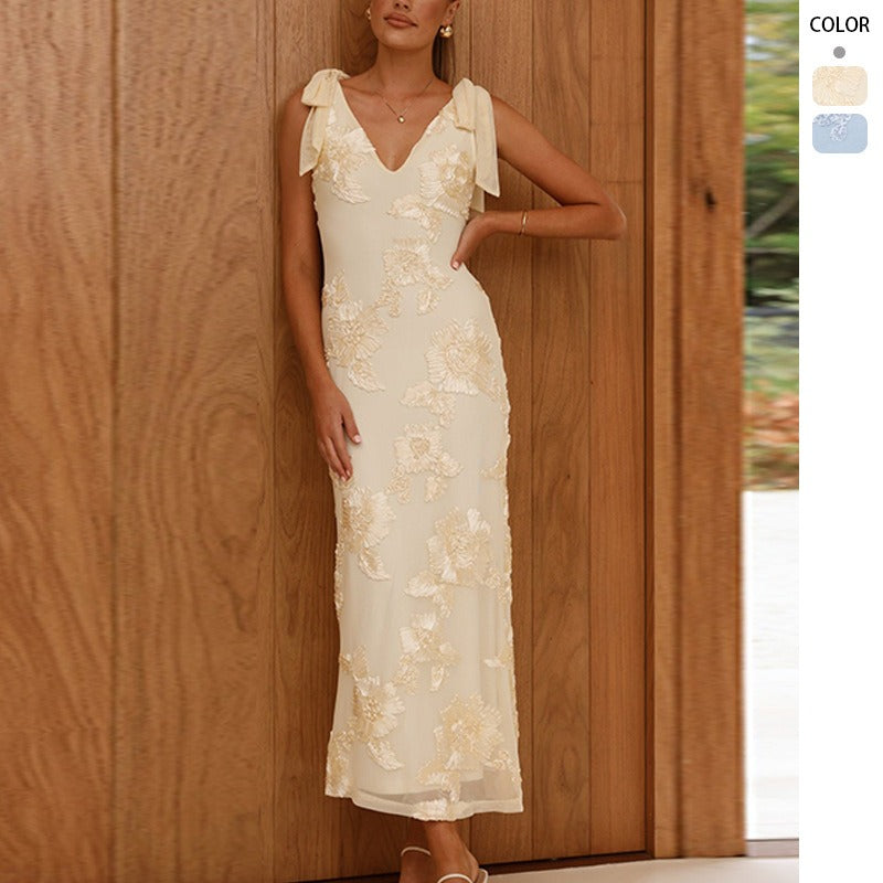 Women's dress: european and american summer 3d embroidered backless crisscross tie-up maxi dress - exquisite floral embroidery banquet gown