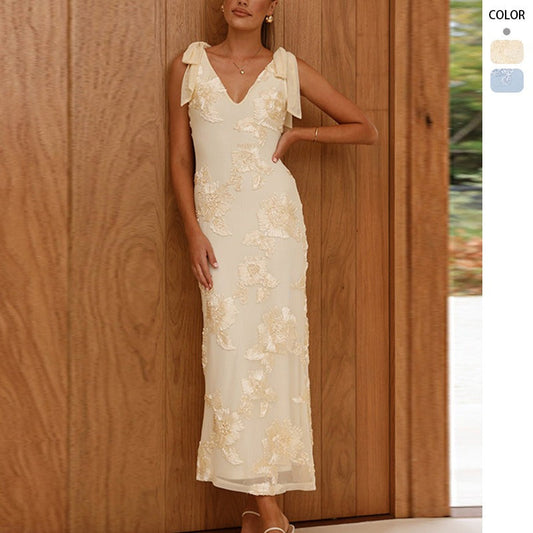 Women's dress: european and american summer 3d embroidered backless crisscross tie-up maxi dress - exquisite floral embroidery banquet gown