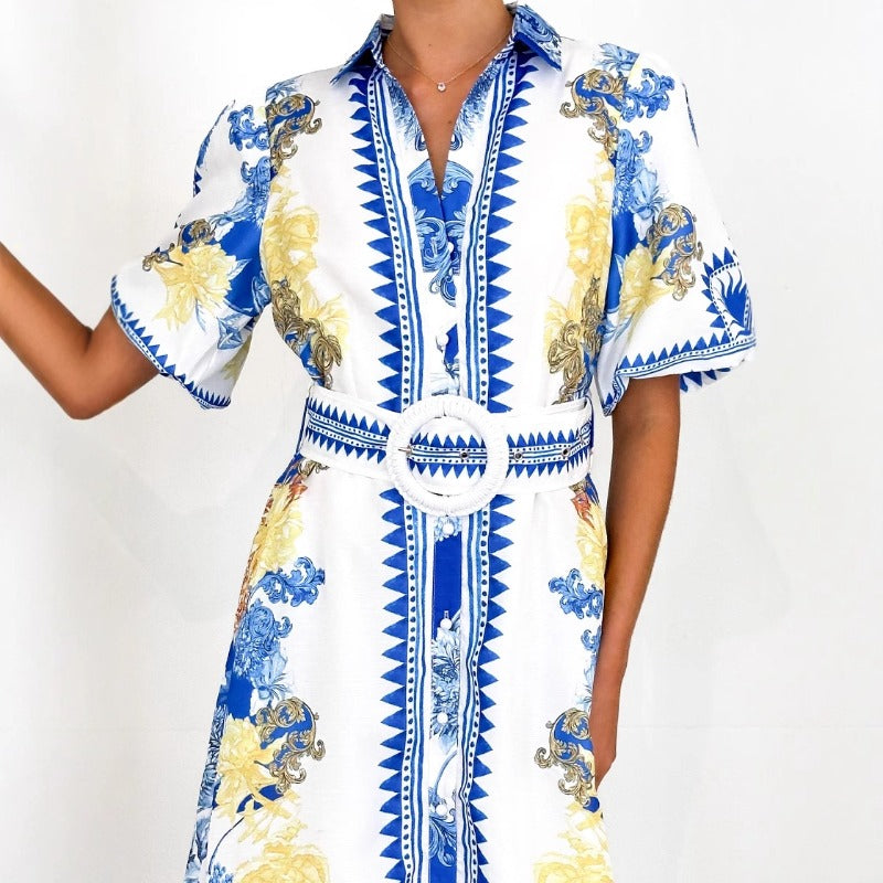Women's summer dress - european and american style, cross-border e-commerce, casual fashion, printed, turn-down collar, women's long dress