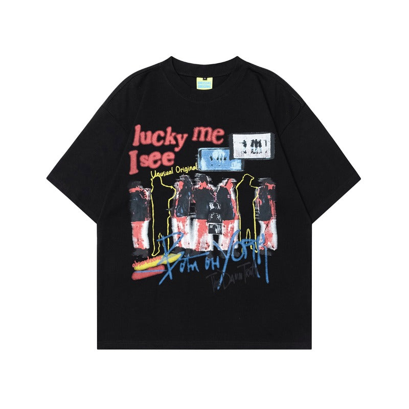 Men's t-shirts - american streetwear style, summer retro couple's magazine element silhouette design, men's loose fit short sleeve t-shirt