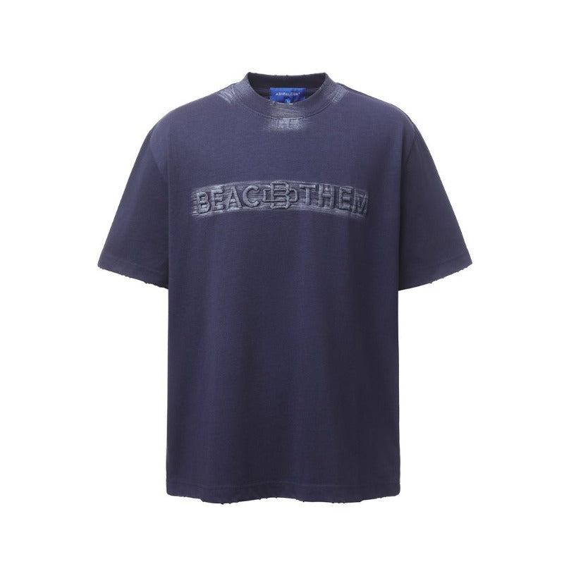 Men's t-shirts: american retro heavyweight double yarn high-quality high-street embroidered letter men's loose crew neck short sleeve t-shirt