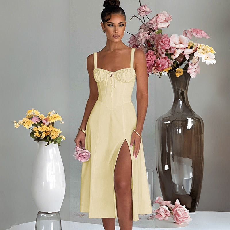 Women's dress - european & american amazon spring/summer fashion casual tie-waist slim-fit slit cami high-end dress