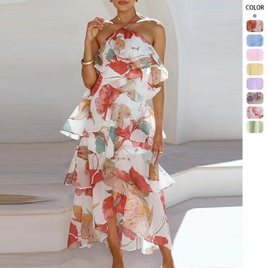 Women's off-the-shoulder european and american style fashionable chiffon printed fairy long elegant evening gown dress for cross-border e-commerce