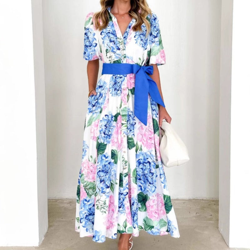 Women's dress - cross-border e-commerce, european & american style, bohemian print, spring/summer short sleeve a-line dress with belt