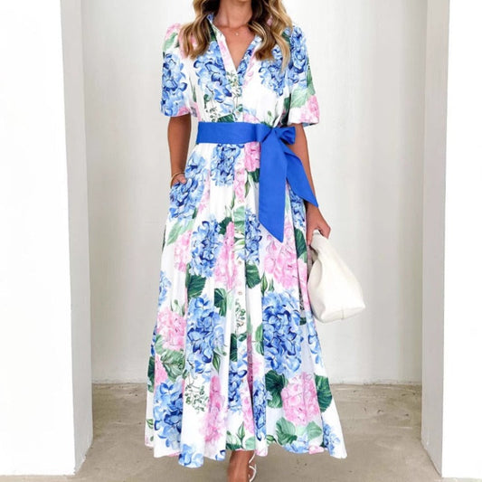 Women's dress - cross-border e-commerce, european & american style, bohemian print, spring/summer short sleeve a-line dress with belt