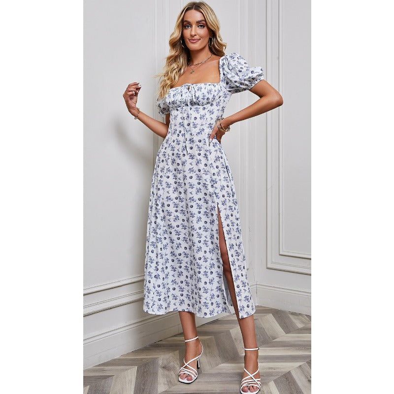 Women's dress - in-house photography - spring/summer european & american fashion - women's bubble sleeve tie-up bandeau slit floral mini dress - short sleeve