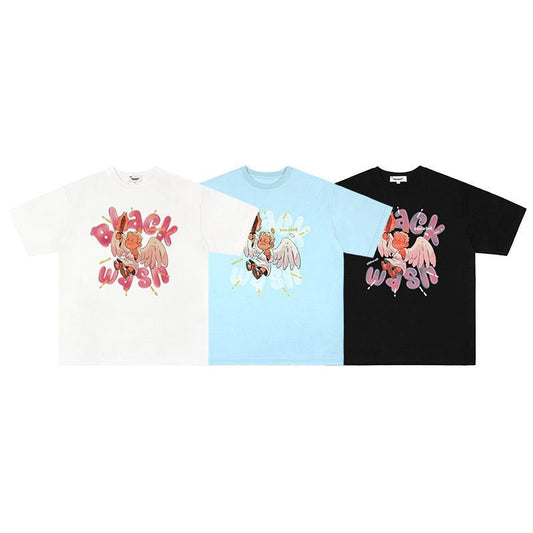 Mens T Shirts Cartoon Angel Print Short Sleeve OversizeT-Shirt