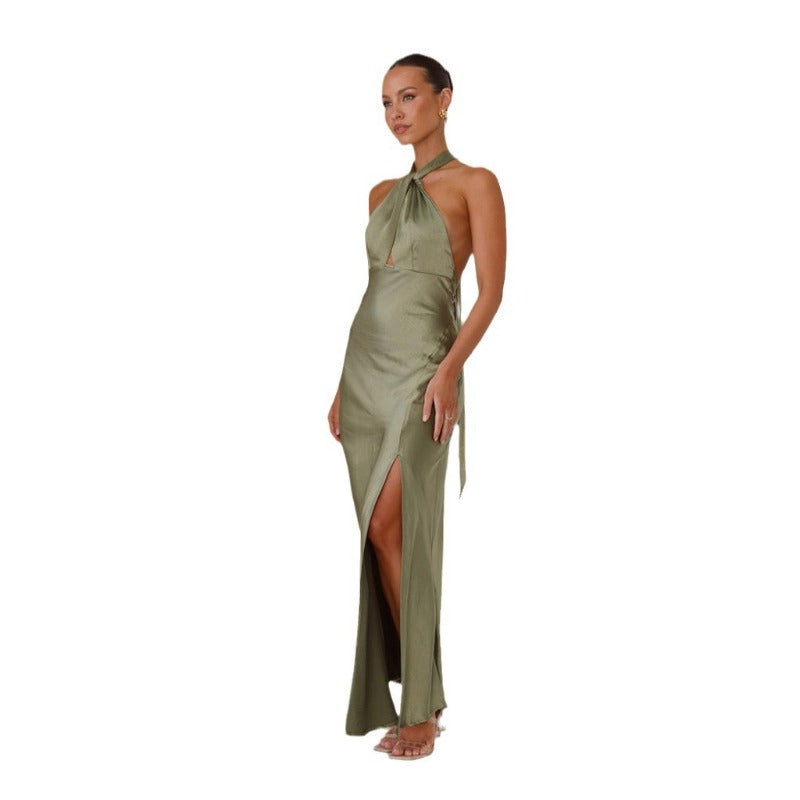 Women's dress - cross-border fashion: spring/summer european & american style - sexy, cinched waist, halter neck, slit, long satin sleeveless dress for women