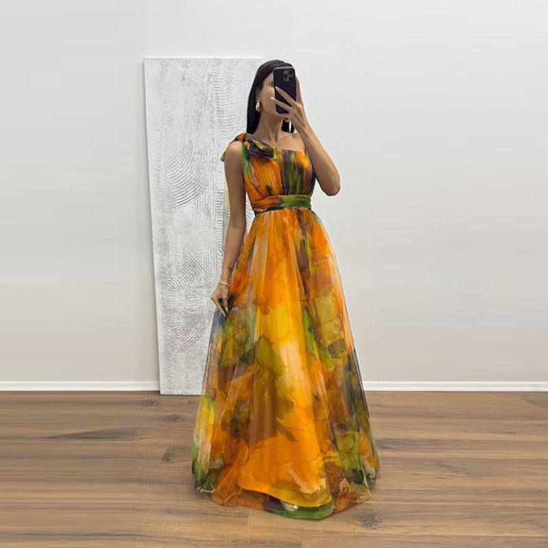 Women's dress - cross-border ins style vacation casual party dress - european and american spring/summer mesh print cami dress