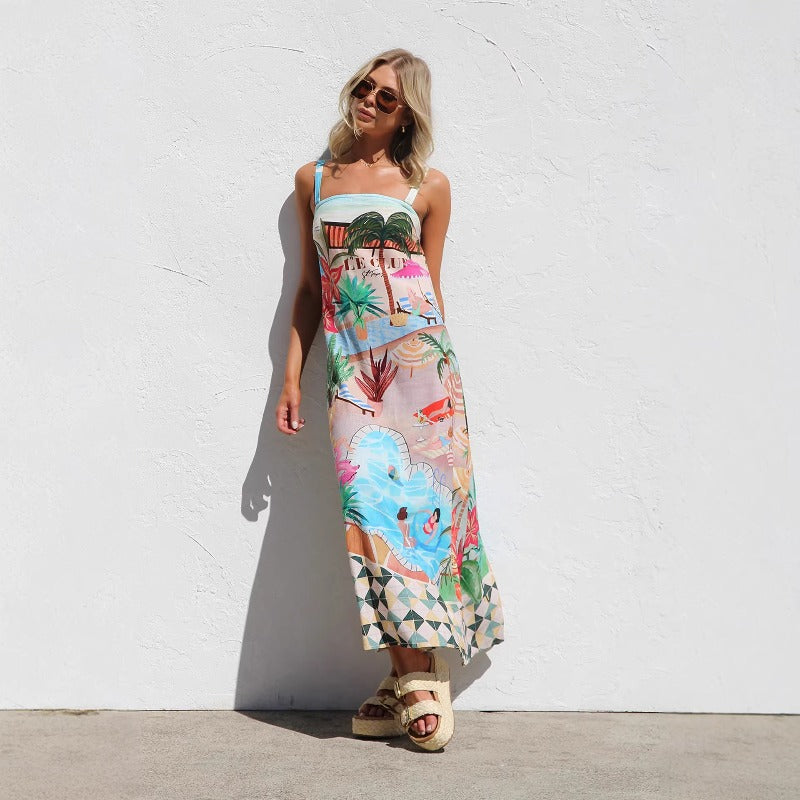 Women's dress - european & american cross-border e-commerce, aliexpress, independent website - sexy spaghetti strap, graffiti linen print, maxi swing dress for women