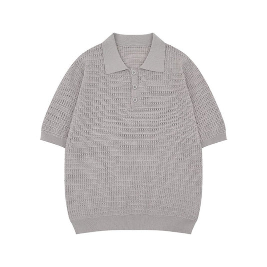 Men t shirts american summer street trendy old money style retropure color design loose men's lapel knitting shirt short sleeve t-shirt