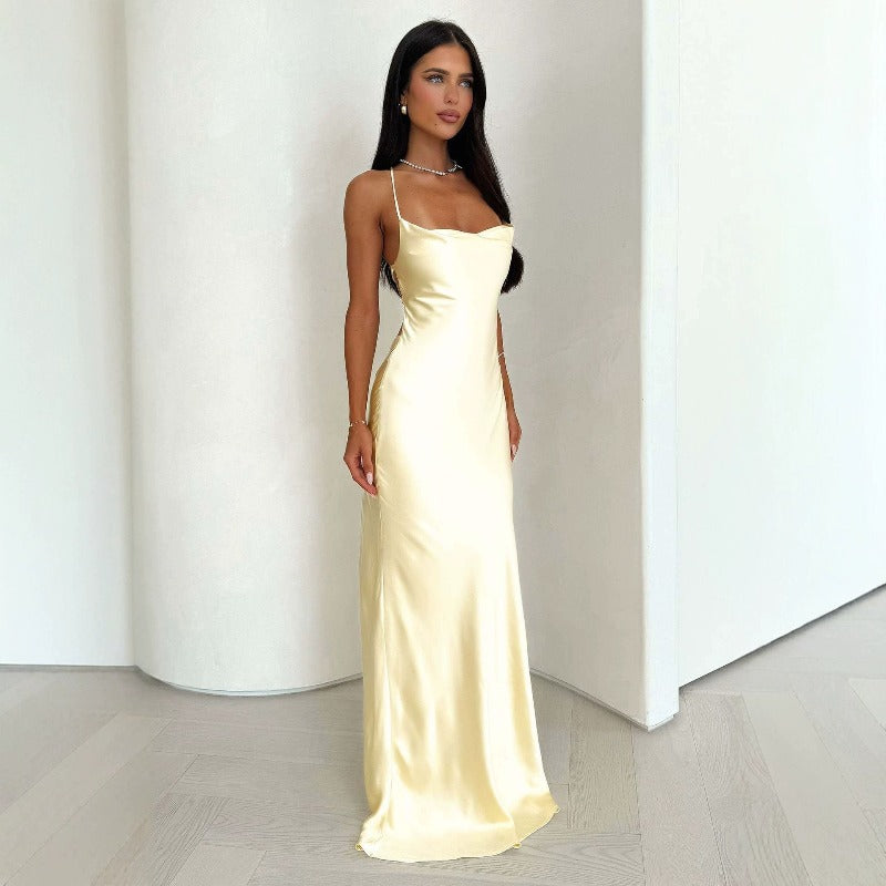 Women's dresses, direct from the factory. mid-length, figure-hugging, sexy v-neck camisole dress. soft and smooth, lightweight, twisted satin silk maxi dress