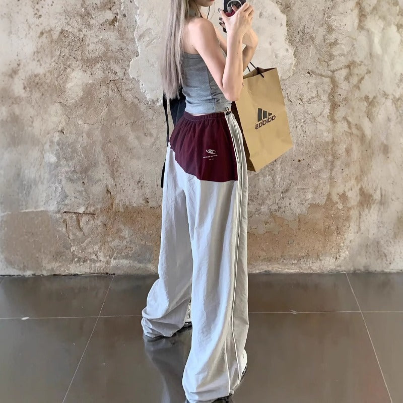 Women casual pants retro contrasting color high waist women's summer loose sweatpants