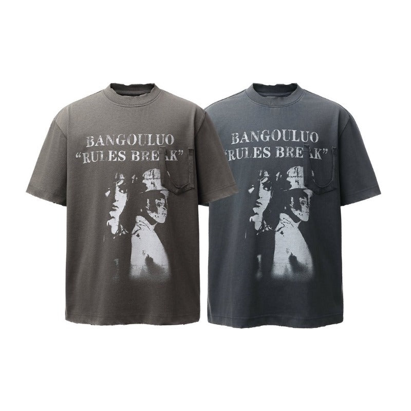 Men's t-shirts: american retro heavyweight double yarn washed & distressed graphic design, high street oversized short sleeve tee