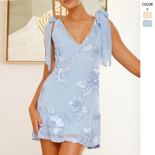 Women's dress - european & american summer 3d embroidered backless crisscross tie-up mini dress - exquisite floral embroidery banquet gown