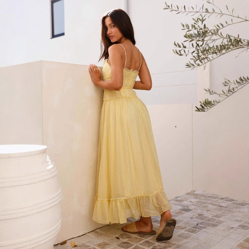 Women's a-line dress - spring/summer collection for cross-border e-commerce: european & american style, casual vacation look with lace trim, high-waisted spaghetti strap dress