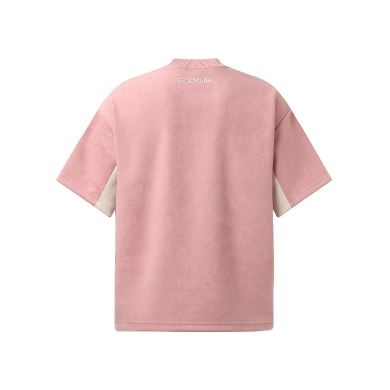 Men's jt american retro couple street style color block suede logo design short sleeve loose fit crew neck t-shirt