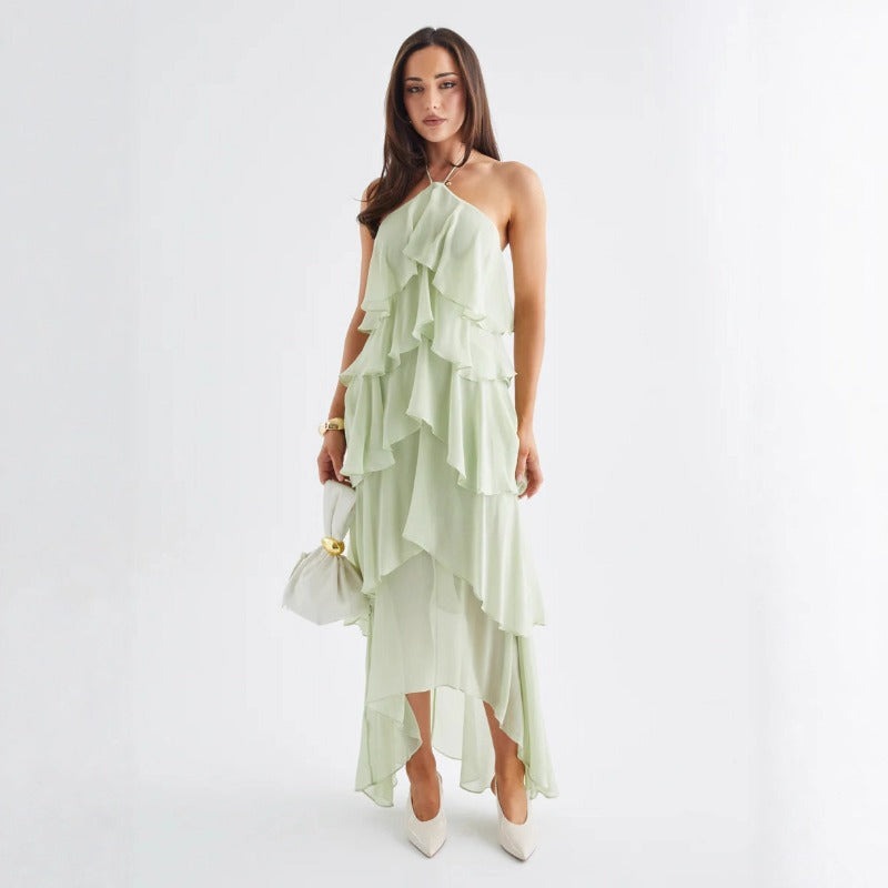 Women's french riviera style beach dress - summer sleeveless halter sundress with ruffle trim