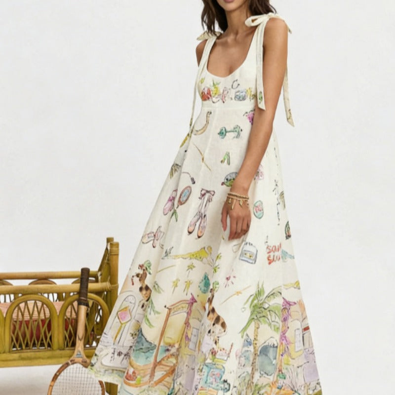 Women's vintage floral print tie-up cami maxi dress - summer bohemian style