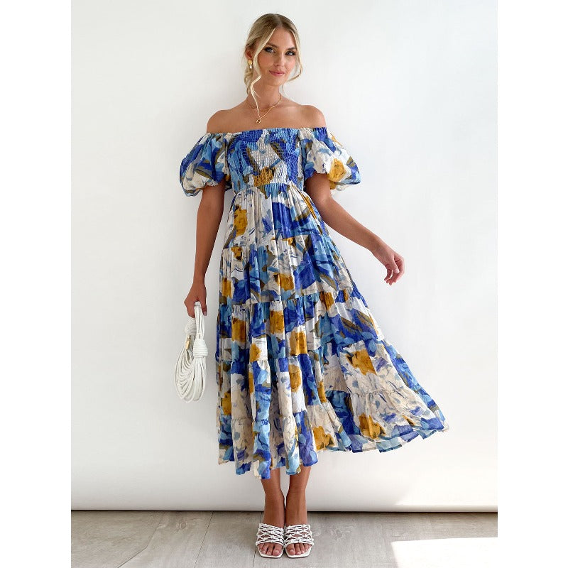 Women's dress: bestselling spring/summer one-shoulder printed puffy sleeve a-line dress for cross-border e-commerce (us/european platforms)