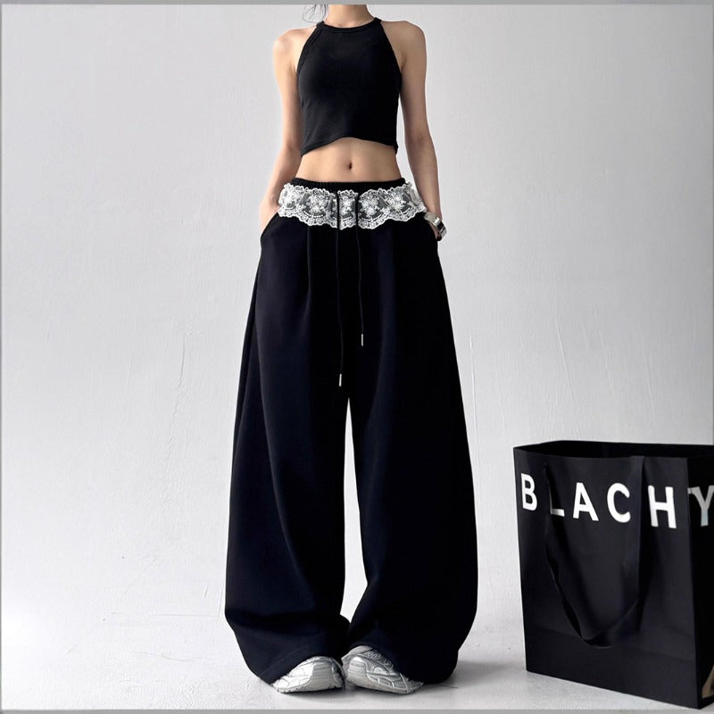 Women casual pants women's summer solid color loose lace drawstring trousers