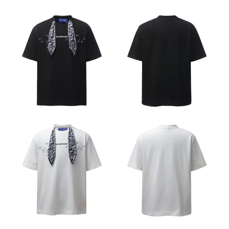 Men t shirts american retroheavy weightg double yarn high quality street fashion high street round neck square scarf men's loose short-sleeved t-shirt