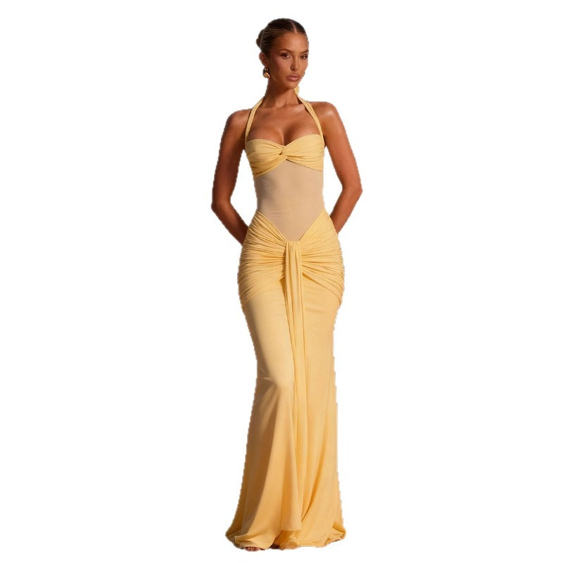Women's dress - amazon cross-border halter neck tie mesh panel flowy maxi dress - european & american style