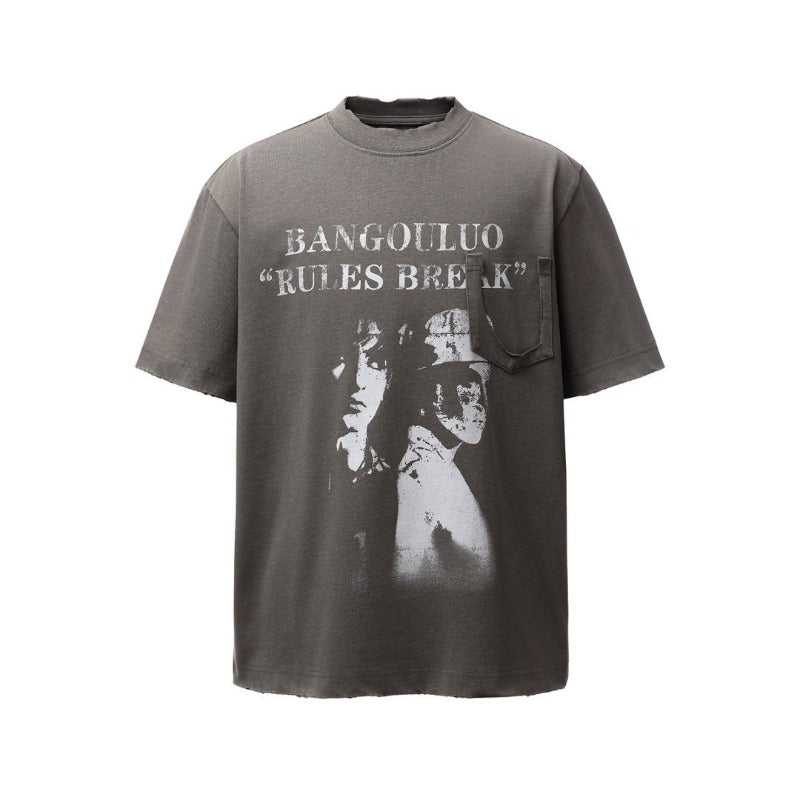 Men's t-shirts: american retro heavyweight double yarn washed & distressed graphic design, high street oversized short sleeve tee