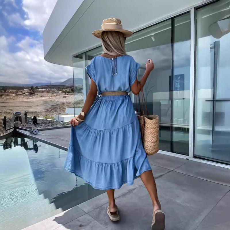 Women's dress - european & american cross-border fashion: spring/summer slim-fit, minimalist round neck, solid color dress (belt not included)