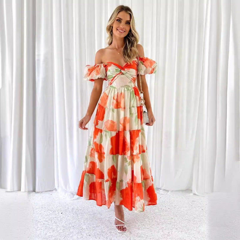 Women's dress - cross-border fashion, spring/summer, amazon style, elegant, slim-fit, printed, puff sleeve, high-end maxi dress for women