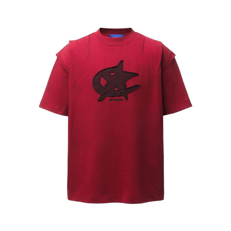 Men's t-shirts: american retro heavyweight double yarn high-quality appliqué embroidery design, deconstructed loose fit short sleeve tee