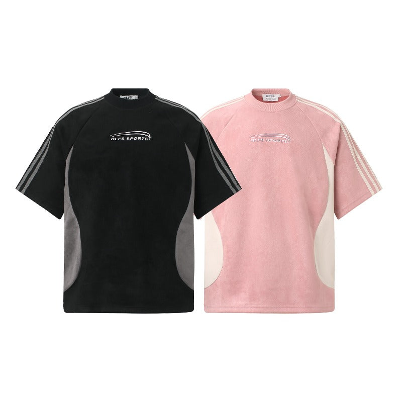 Men's jt american retro couple street style color block suede logo design short sleeve loose fit crew neck t-shirt
