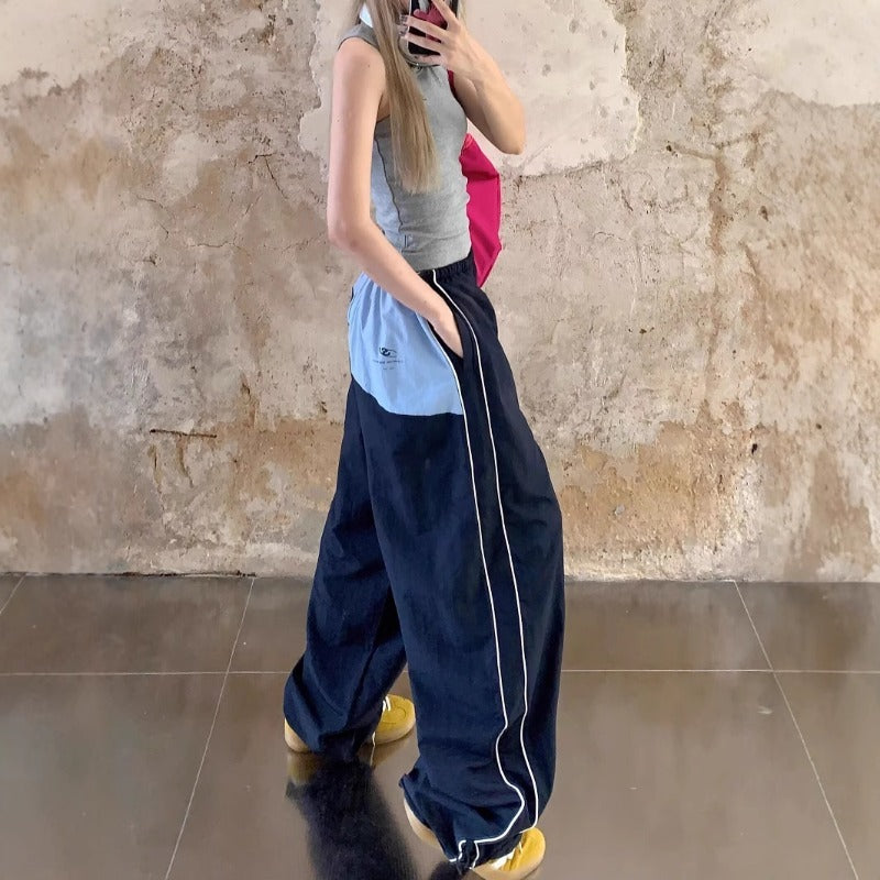 Women casual pants retro contrasting color high waist women's summer loose sweatpants