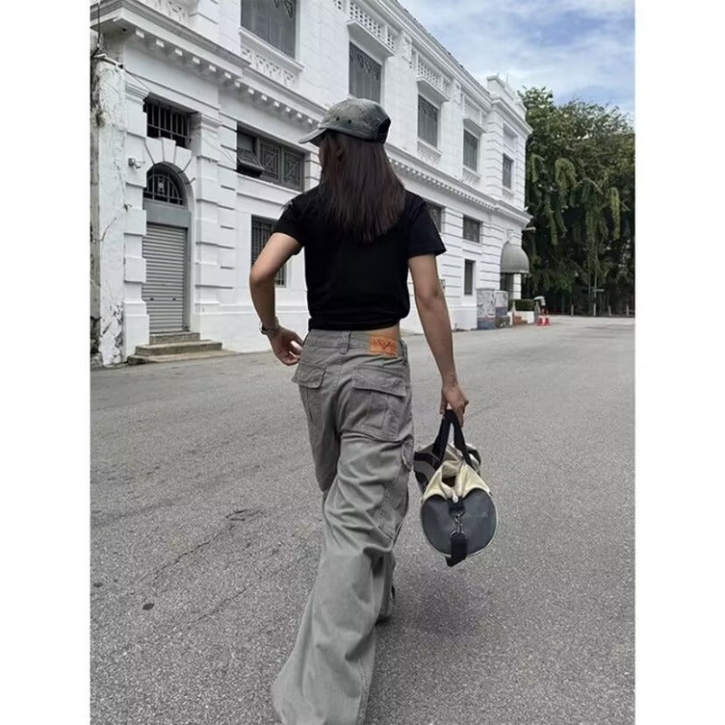 Women casual pants overalls, loose hip hop casual washed trousers