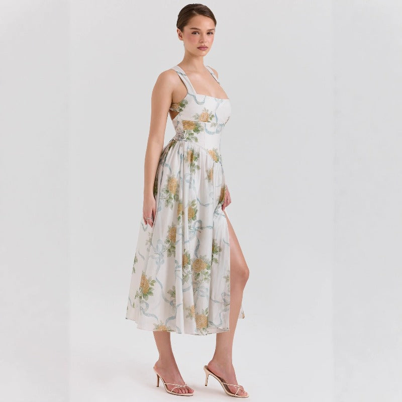 Women's dress amazon wholesale summer french sweet & spicy designer print halter neck slim fit slit dress