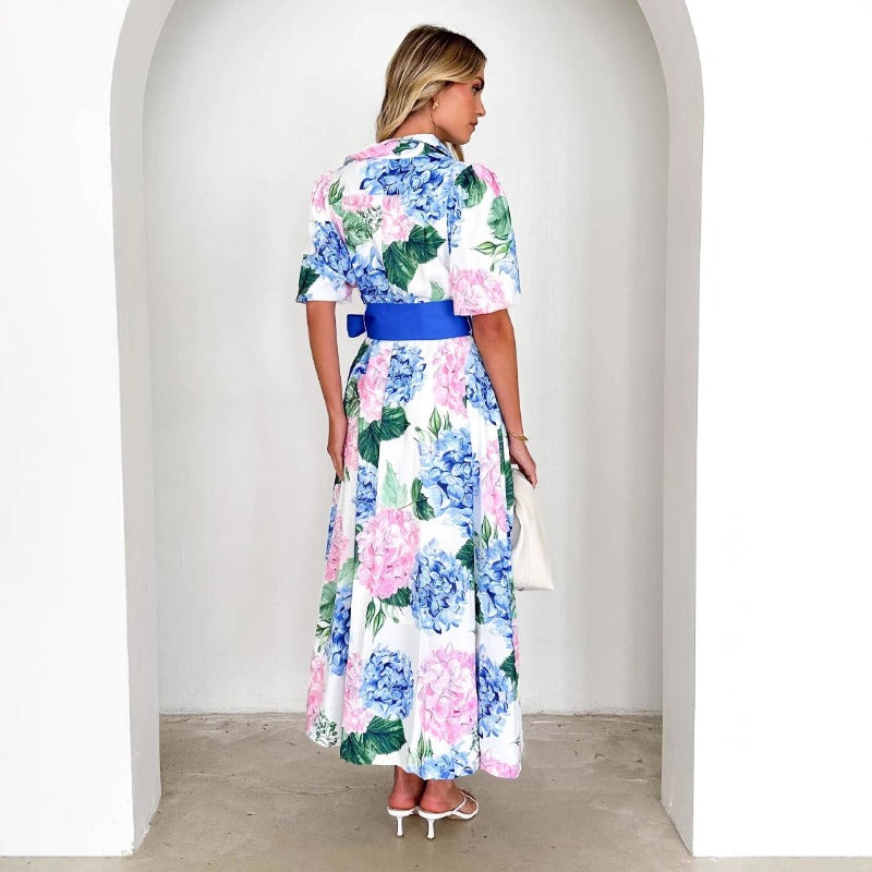 Women's dress - cross-border e-commerce, european & american style, bohemian print, spring/summer short sleeve a-line dress with belt