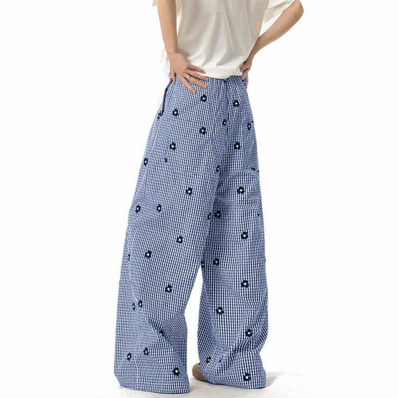 Women casual pant summerloose blue grids pattern embroider