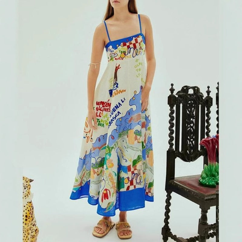 Women's dress - european & american style, cross-border aliexpress, independent website, sexy spaghetti strap, graffiti cotton linen print, maxi swing dress for women