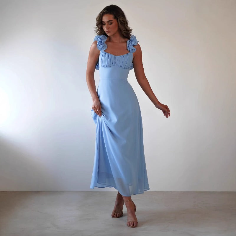 Women's dress - cross-border fashion, european & american style, independent website, elegant & chic, tie-waist a-line solid color midi dress